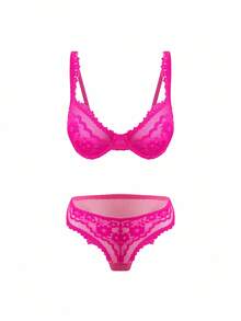 Charlaine Conjunto de lencería de sujetador con aros y pantis de encaje transparente y unicolor para mujer - Rosa Fucsia - Ver 4