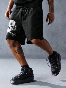 ROMWE MEN Goth Men's Skeleton Print Drawstring Waist Pocket Casual Shorts, Halloween - Black - View 5