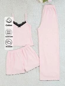 RueChic 3Pcs Cotton Lace Trim Cami Top With Lace Detail And Lettuce Trim Detail Lounge Bottom&Shorts Homewear Set - Baby Pink - View 1