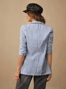 Wildy Women's Elegant Casual Fashion All-Match Old Money Style Black And White Striped Linen Shawl Collar Ruched Three-Quarter Sleeve Blazer Jacket Business Women Clothes Teacher Clothes Striped Blazer Jacket Blazer Jacket Fall Clothes Christmas Women Clothes Professional Clothes Winter Women Outfits Thermal Winter Clothes For Women New Years Women Outfit Winter Clothes Thanksgiving Outfit Women Winter Coat Holiday Outfit - Blue and White - View 5