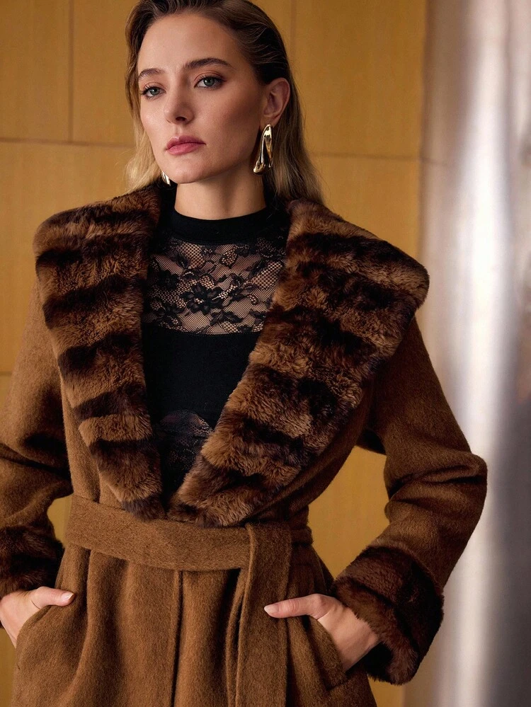 WOOL FURRY SHAWL COLLAR OVERCOAT