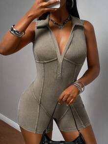 Slaydiva Women's Casual Sleeveless Bodycon Romper, Summer Bodycon Jumpsuit Ribbed Jumpsuit Sleeveless Jumpsuit - Khaki - View 2