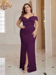 SHEIN Belle Plus Cold Shoulder Ruched Split Thigh Formal Dress - Purple - View 1