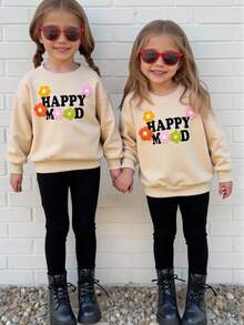 SHEIN Baby Girl Beige Autumn Casual Family Matching Happy Mood Floral Sweatshirt And Black Crisscross Leggings Set,Minimalist Round Neck Pullover Outfit - Apricot - View 7