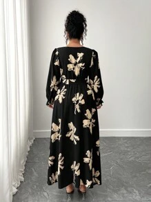 Elenzga Plus Size Women's V Neck Lantern Sleeve Waisted A-Line Maxi Dress, Autumn And Winter Fall Cloth For Women - Multicolor - View 2