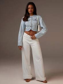 Athîral 女士秋季服装女士长袖露腰单排扣短款休闲牛仔夹克 - 藍色 - 查看 3