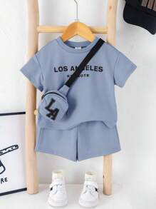 SHEIN 3pcs/Set Babybo Summer Casual Letter Print Short Sleeve T-Shirt, Elastic Waist Shorts, Bonus Crossbody Bag - Blue - View 10