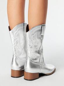 ROMWE Grunge Punk 女士户外时尚刺绣一脚蹬踝靴，2025年春秋季新款时尚西部短靴