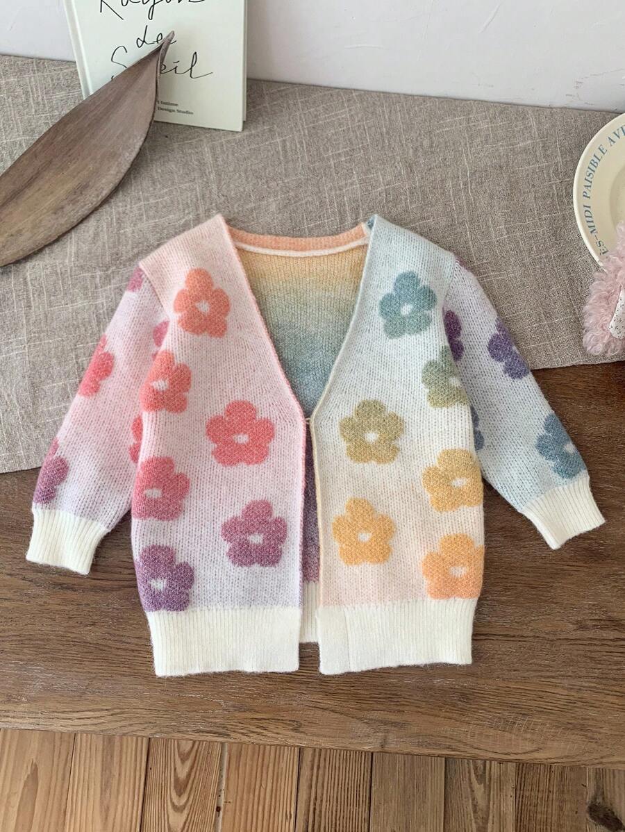 SHEIN Babygirl Fashionable Lady Elegant Cute Versatile Knitted Floral Color Pattern Knitted Sweater Cardigan, Cute And Versatile, Suitable For Autumn And Winter, Multi-Color Fashionable And Versatile Autumn And Winter, Soft Fabric Cares For Baby's Skin, Is The First Choice For Mothers Shopping, Cute Everyday Classic, Suitable For Indoor, Outdoor, Daily, Sports, Play, Party, Photo, Vacation, Festival Fall - Multicolor - View 1