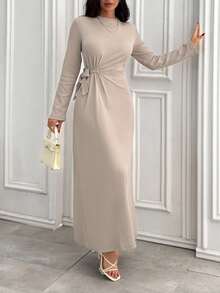 EURMUSE Rib Knit Crew Neck Long Sleeves Knot Detailed Dress Office Beige Autumn Modest Elegant - Grey - View 4