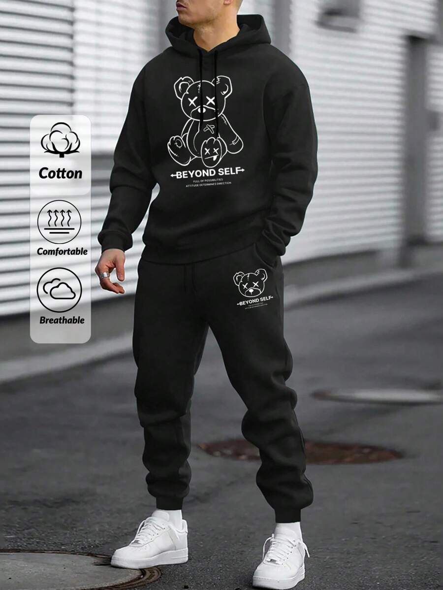 EURMUSE 男士字母与熊印花常规款连帽衫和裤子套装 - 黑色 - 查看 1
