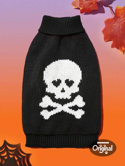  1 pieza Suéter de perro universal de cuello alto elástico y cómodo de punto jacquard de estilo Halloween, diseño original de PETSIN