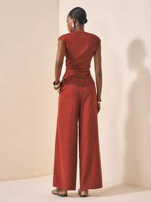 Zivah Rust Brown Summer Elegent Party Women's 2 Pieces Set,Asymmetric Shoulder Metallic Decor Pleated Top And Wide Leg Pants,Glossy Textured Fabric Outfit - Brown - View 6