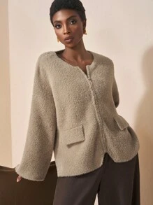 Zivah 2025 秋冬新品优雅派对约会休闲户外家居纯卡其色宽松喇叭长袖拉链女针织开衫 - 卡其色 - 查看 5