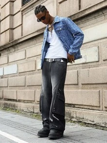 PAVTROS 男士豹纹长袖单排扣休闲牛仔夹克 - 淺色水洗藍 - 查看 4