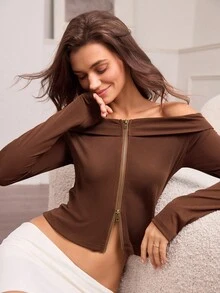 Hanevo Women's Fitted Off Shoulder Zipper Closure Casual T-Shirt Fall Cloth For Women - Brown - View 1