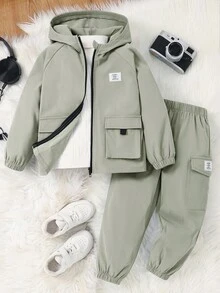 SHEIN 2 件套年轻男孩休闲舒适连帽夹克，带口袋和纯色抽绳裤套装，适合外出、上学、日常聚会、秋冬季 - 薄荷綠 - 查看 3