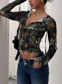 SHEIN EZwear 女式仿生叶图案休闲街头风格连帽衫、毕业典礼、教师、返校套头衫秋季 - 彩色 - 查看 4