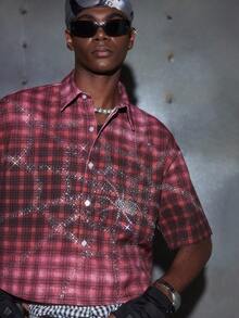 NEON BLANC Men's Summer Fashion Red Plaid Spider Web Rhinestone Denim Shirt - Red - View 2