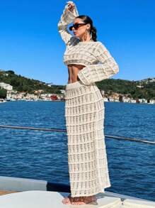 EURMUSE Plus Size Solid Color Hollow-Out Knit Cover Up & Shorts Beach Vacation Set - Beige - View 5