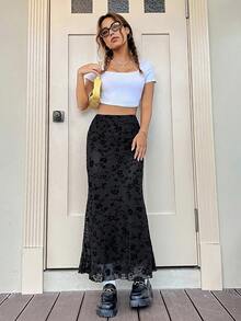 SHEIN EZwear 优雅通勤花卉植绒网眼鱼尾裙 - 黑色 - 查看 5