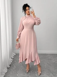 Elenzga Vestido asimétrico con lazo delantero, color rosa, talla grande para mujer - Rosa vieja - Ver 4
