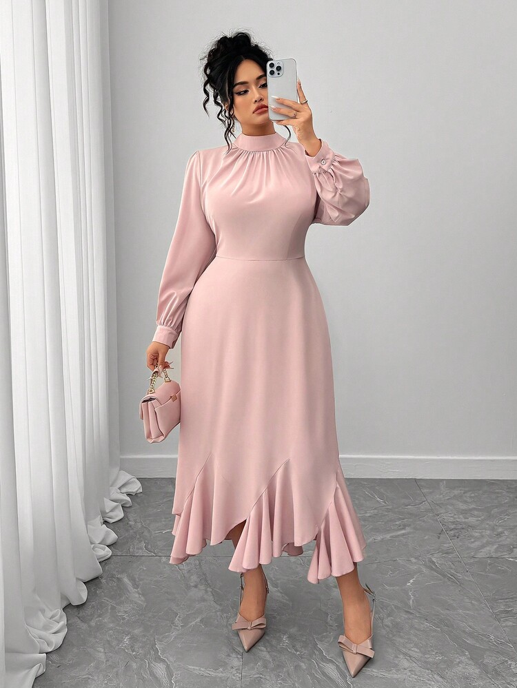 Elenzga 大码女式优雅不对称下摆系带连衣裙，粉色 - 藕粉色 - 查看 4