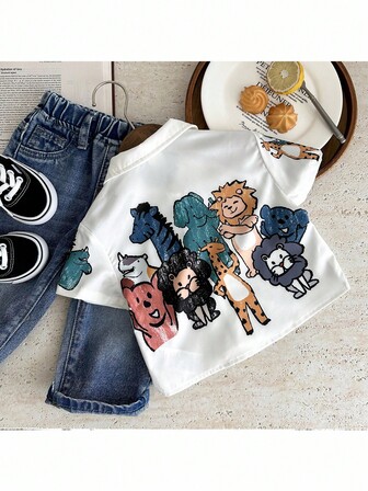 SHEIN 男宝宝/女宝宝可爱卡通印花短袖衬衫，百搭白色，夏季