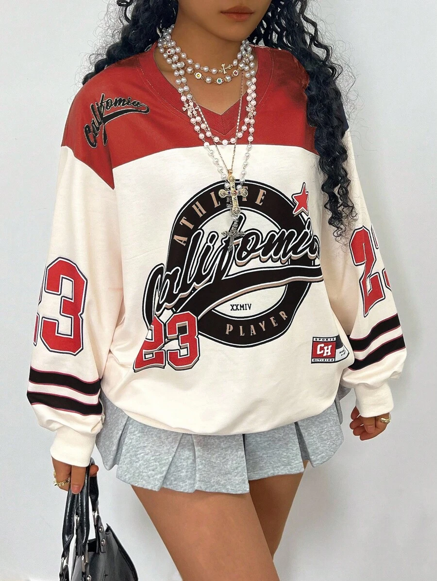 Rovax 秋季大码女式字母和星星印花V领长袖宽松运动衫 - 紅色 - 查看 1