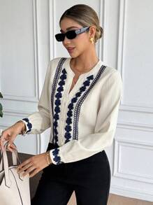 Serisse Áo sơ mi nữ dài tay ren kiểu Pháp, thích hợp mặc đi làm, mùa thu, dành cho nữ công sở, nữ giáo viên, mùa tựu trường, áo kiểu thêu, áo công sở mùa đông, mùa xuân. - Màu be - Xem 5