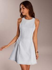 SHEIN Forever 21 夏季新款女士圆领无袖A字休闲牛仔连衣裙 - 淺藍色 - 查看 4