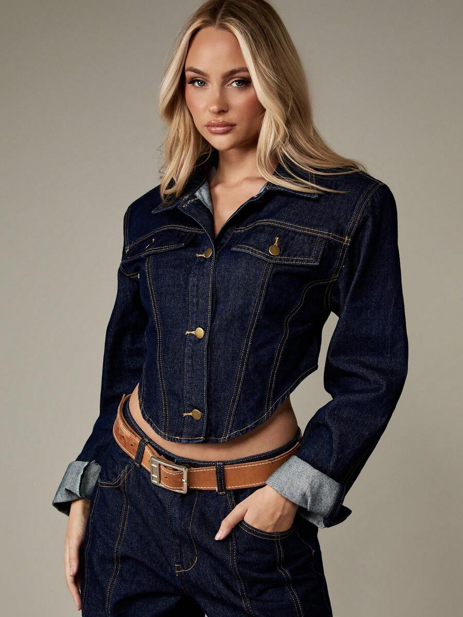 MISSGUIDED Jachetă de denim pentru femei, stil camioneta, scurtă, cu umeri, cu nasturi în față, spălare închisă, inspirată din stilul vintage, toamnă-iarnă - Albastru marin - Vizualizare 1