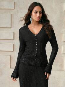 Aveloria 女士 V 领长袖单排扣水钻褶边毛衣秋季女装秋季女装秋季秋装针织套头衫秋冬