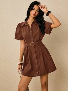 Poéselle Abito mini casual da donna con bottoni frontali, colore tinta unita, adatto per le vacanze - Castano - Visualizzare 6