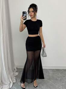 SHEIN Tall 女士纯色半透明拼布半身裙 - 黑色 - 查看 4