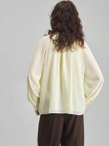 Ontre 2025 New Autumn/Winter Women's Top, Ladies' Yellow Tie-Neck Chiffon Ruffle Hem Sheer Top, Loose Fit, Woven Fabric, Suitable For Halloween, Christmas, Vacation Party, Elegant Casual Versatile Women's Top Elegant And Intellectual Female Wedding Guest Dress And Beautiful French Lazy High-End Sense Of Intelligence And Elegance Old Money Style Cruise Vacation Wear All-Season - Yellow - View 4