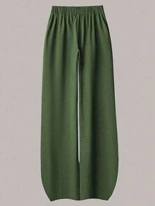 Linhara 大码女式休闲两件套，纯色翻领单排扣休闲/工作衬衫和高腰宽松阔腿裤套装 - 軍綠色 - 查看 3