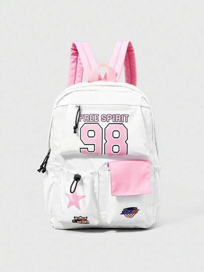 ROMWE Avant Pink Number 98 Print Large Capacity Backpack, Suitable For Back To School Season