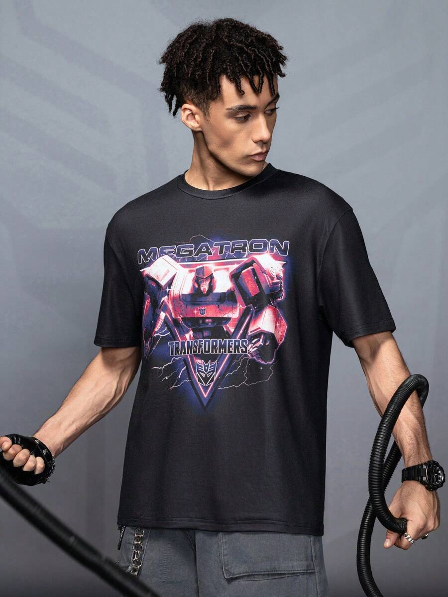 Transformers X SHEIN 男士休闲字母与机器人印花短袖 T 恤,夏季 - 黑色 - 查看 1