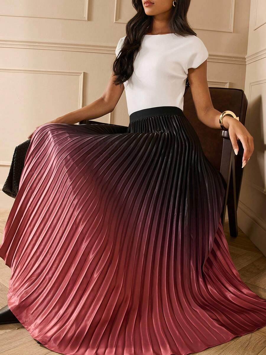 Lilora 女士优雅渐变黑红棕百褶裙，时尚优雅，春夏 - 彩色 - 查看 1