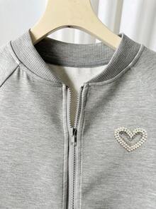 Franclia 女式休闲日常珍珠和水钻心形装饰插肩袖拉链棒球夹克，春秋季 - 灰色 - 查看 3
