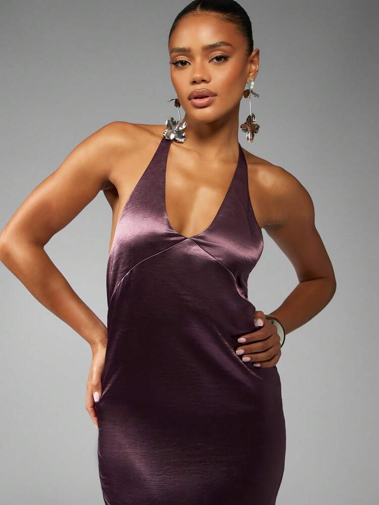 MISSGUIDED Robe de soirée sirène en satin élégante, robe de cérémonie à col montant, robe de mariage, de bal, de soirée, longueur au sol, ajustée