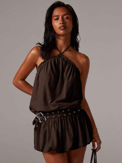 Athîral 女式简约露背蓬松下摆迷你连衣裙，内置短裤