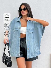 EURMUSE 100%Cotton Flap Pocket Batwing Sleeve Denim Jacket - Light Wash - View 1