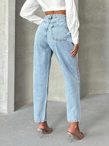 EURMUSE 100%纯棉女式高腰口袋锥形休闲百搭牛仔裤 - 中等水洗藍 - 查看 2