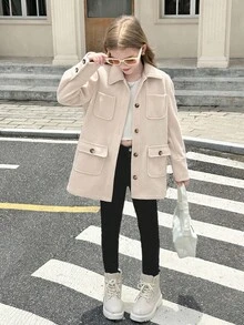 SHEIN Tween Girl Autumn/Winter Versatile Casual Fashion Lapel Multi-Pocket Button Design Overcoat Jacket, Back To School, Mommy And Me Matching Outfits, Girls Overcoat, Girl Coat, Girls Jacket, Girls Winter Coat, Kids Overcoat - Khaki - View 6