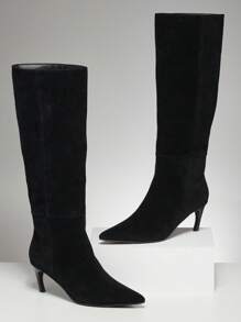 SHUZIA Women Everyday Basic Minimalist Comfortable Zip-On Knee-High Heeled Boots - Black - View 2