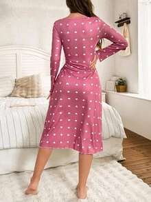 SHEIN Women's Heart Print Bowknot Decor Hem Patchwork Lace Trim Slit Nightgown, Fall, Winter - Pink - View 3