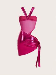 SHEIN ICON Hollow Out Mesh Contrast Halter Neck Dress With Ribbon Tie Y2K Bodycon Club Women Outfits Black Mini Dress One Piece - Hot Pink - View 2