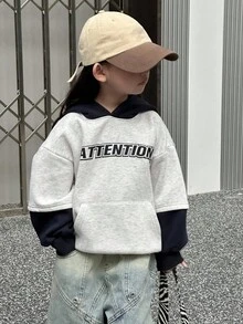 DAZY Young Girl Hooded Artistic English Print Contrast Color Long Sleeve Sweatshirt Fall/Winter - Grey - View 6